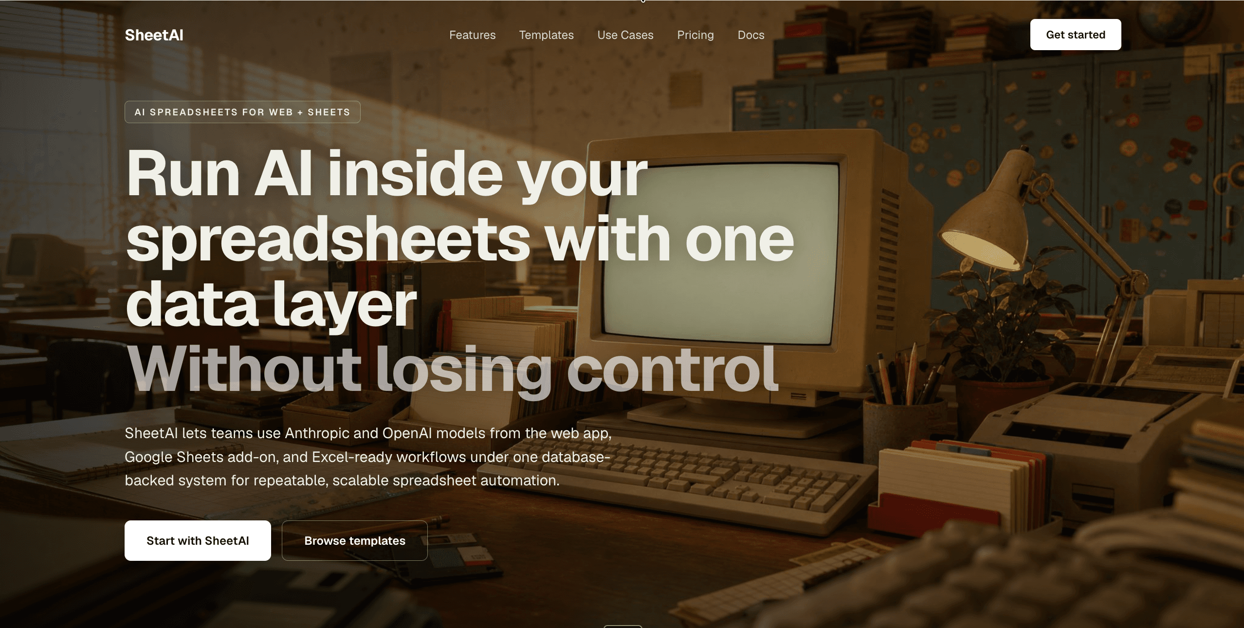 A generated hero section for a spreadsheet AI tool, headlined "Run AI inside your spreadsheets with one data layer", set over a warm retro classroom with a vintage computer