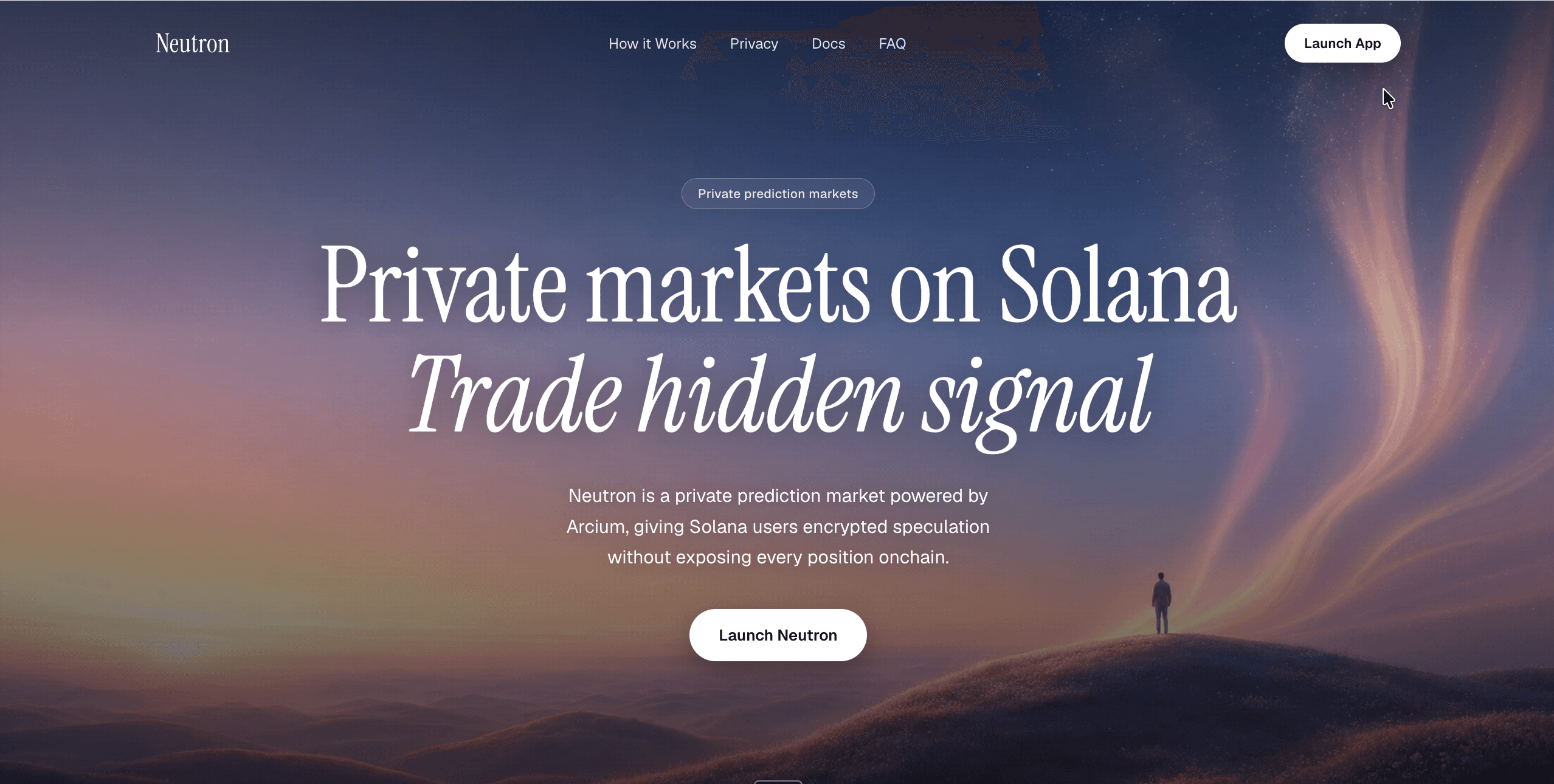 A generated hero section for a private markets platform, headlined "Private markets on Solana", set over a dusk landscape with aurora ribbons and a lone figure on a hilltop