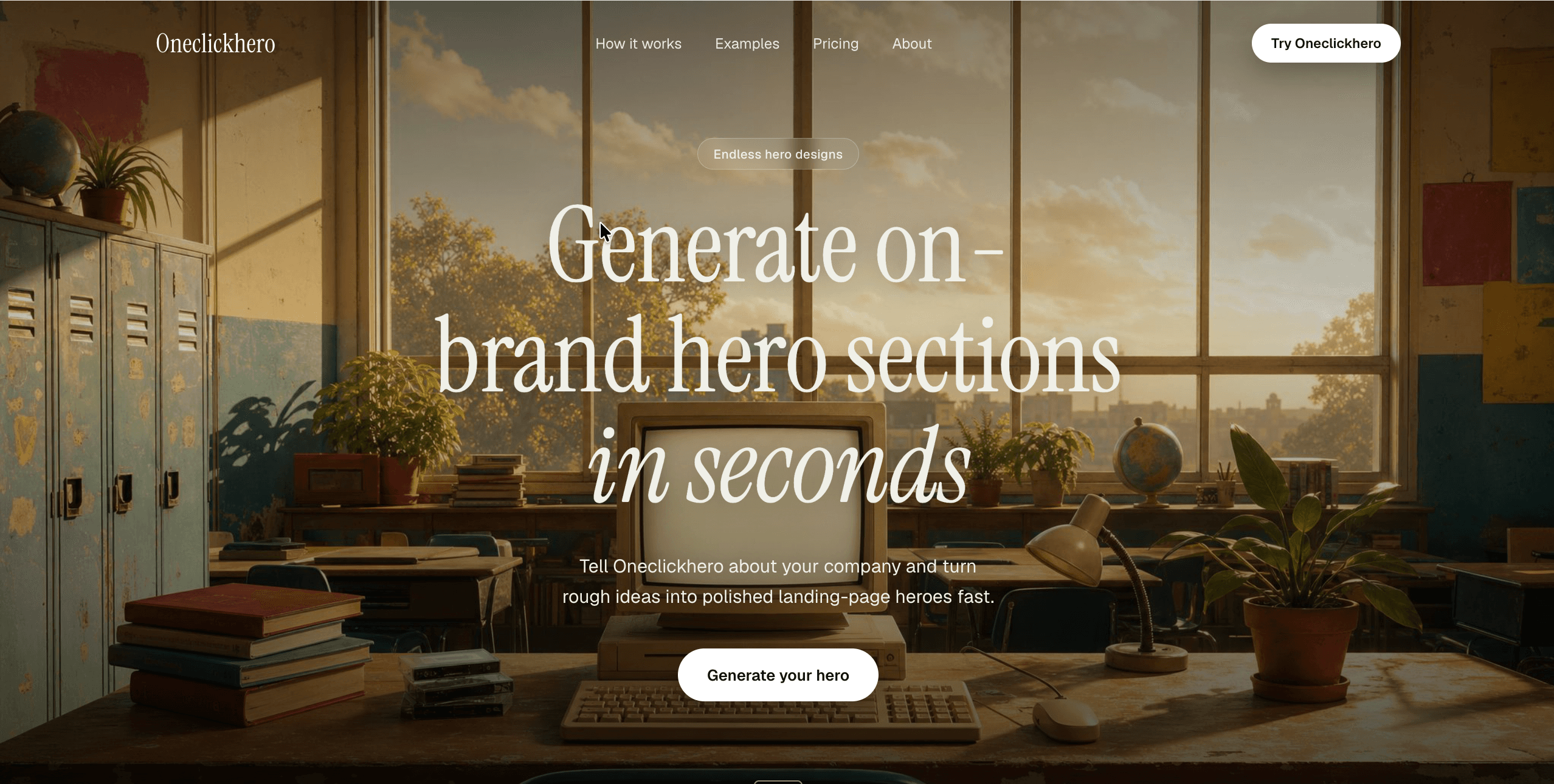 A generated hero section for Oneclickhero headlined "Generate on-brand hero sections in seconds", set over a sunlit classroom with a vintage computer