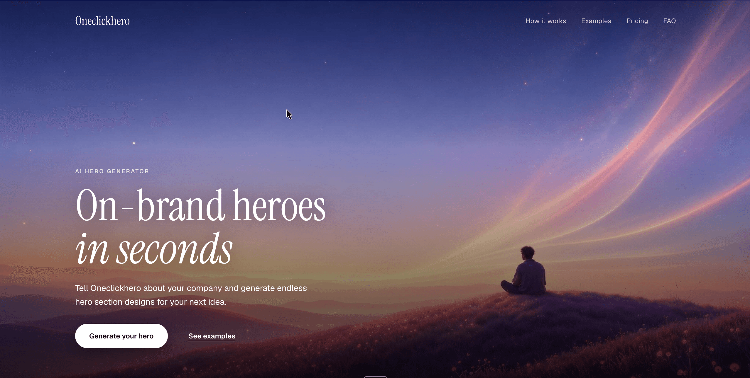 A generated hero section for Oneclickhero headlined "On-brand heroes in seconds", set over twilight hills streaked with coloured light