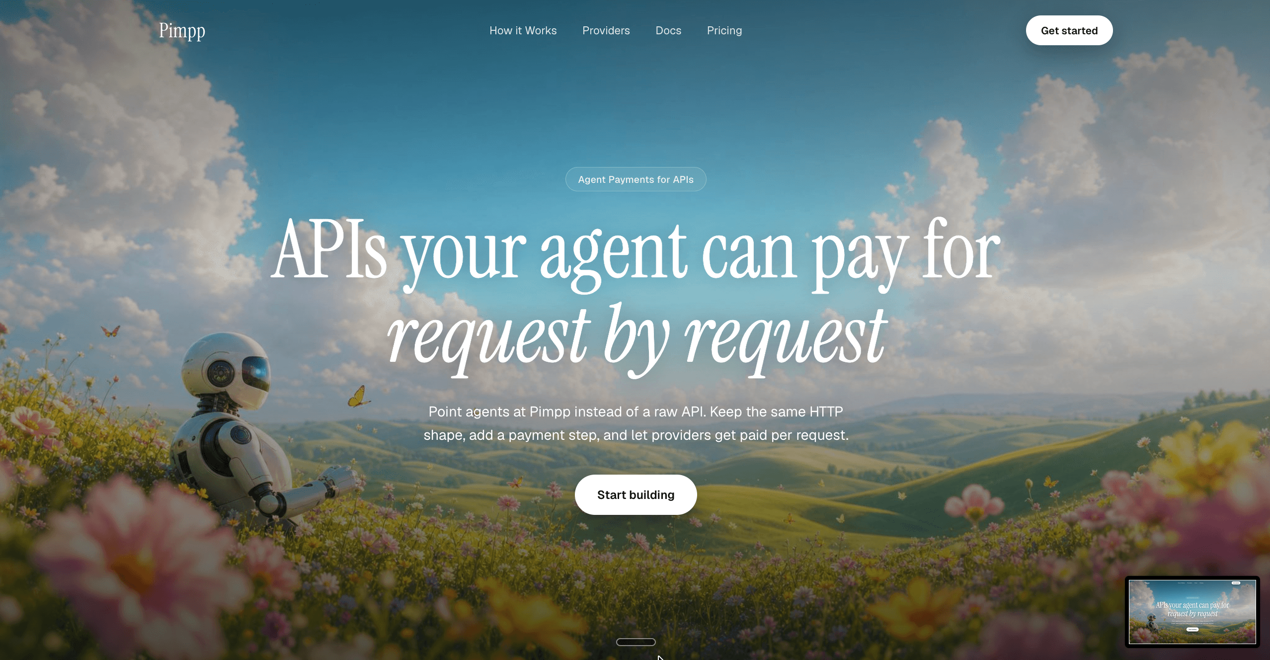 A generated hero section for an agent payments API, headlined "APIs your agent can pay for request by request", set over a flowering meadow with a small robot