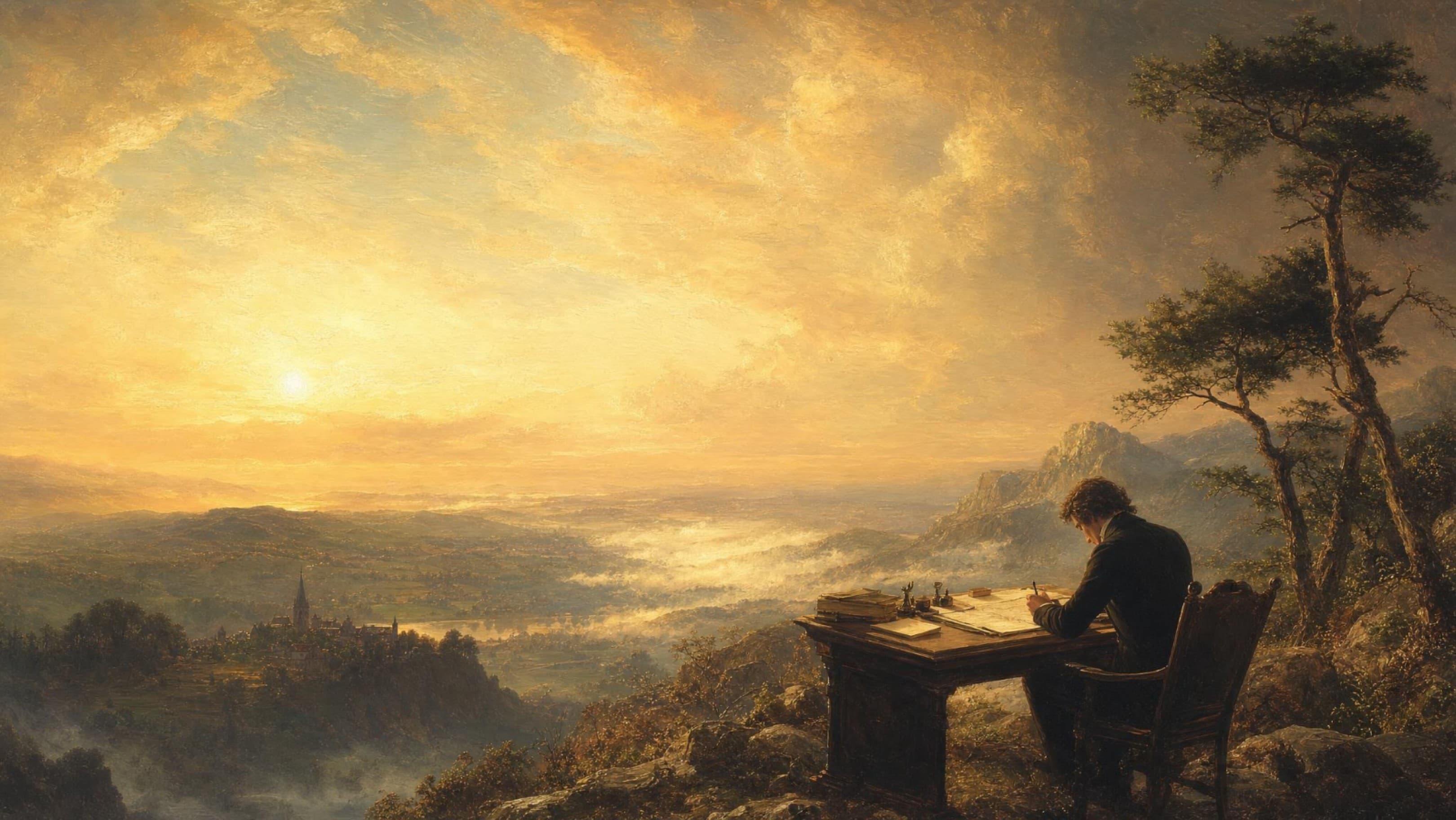 A man sitting on a grassy hillside under a tree, working on a laptop in glowing light
