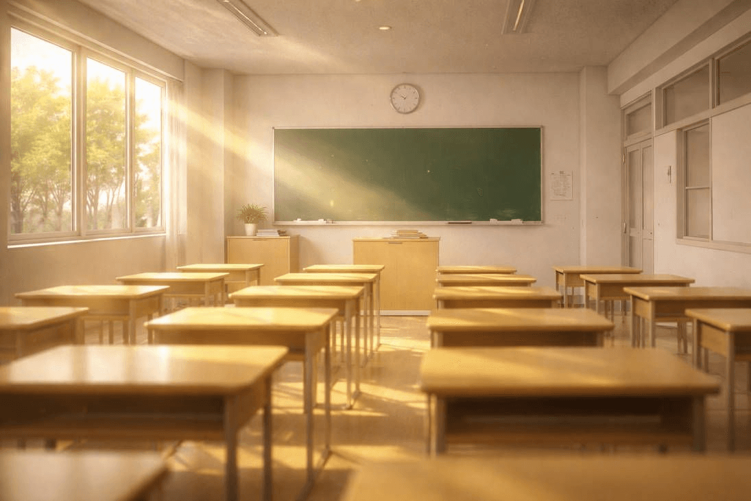 Hero section artwork in the Retro style: an empty classroom of wooden desks and a green chalkboard, flooded with warm golden afternoon sunlight